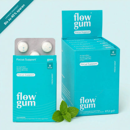 Flow Gum Focus Support: Schachtel mit 8 Kaugummis und Box mit 6 Schachteln – Launch-Angebot: bis zu 40 % sparen